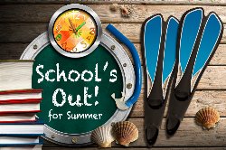 school\'s out for summer on chalkboard with beach decorations and books